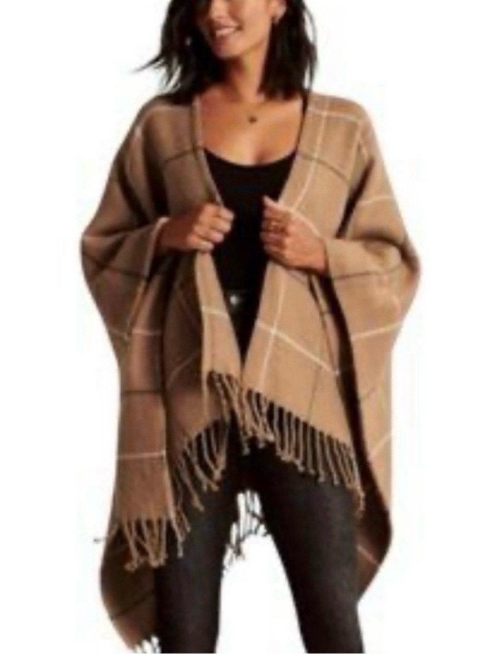 Abercrombie & Fitch Tan Plaid Fringe sweater wrap